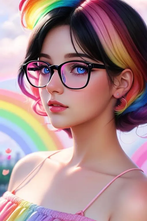 Prompt: soft female, perfect face, beautiful girl, rainbow background, black hair with rainbow highlights, pink clothes, soft lighting, hopeful, british, Illustration, Concept art, Digital, Perfectly drawn, background with rainbows and roses, blue eyes, glasses, british