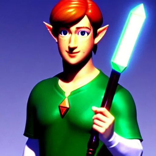 Prompt: 1998 photorealistic tloz Zuckerberg retro Video game Box art cgi 3D render portrait of ((Mark Zuckerberg)) cosplaying as Link holding a master sword and wearing a green link outfit from The Legend of Zelda: Orcarina of Time (1998) for Nintendo 64