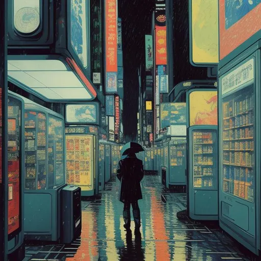 Prompt: Concept art. Painted style. van gogh. Vending machines in the future. rainy day in tokyo. wider shot. Person with umbrella sitting on chair in front of vending machine. Comic art. Jack Kirby Style. Raining. High detail. Early morning. dark mood. Full colour. photo-realistic. More colour. accurate body proportions. blade runner. cops. futuristic cars. 