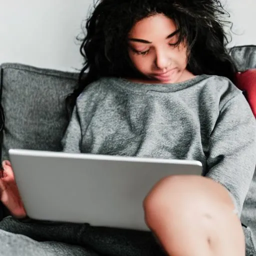 Prompt: Girl in Grey sweater and black sweatpants sits on Couch with Laptop an her legs and Smartphone in her hand. There is a small black Dog laying in front of her sleeping. The Dog has white paws