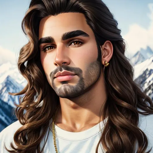 Prompt: man, brown middle part hair, medium long hair, brown eyes, thick black eyebrows, juicy lips, beautiful nose, oval face, golden earring left side ear, mountain background, detailed face portrait, realism, 4k, HD