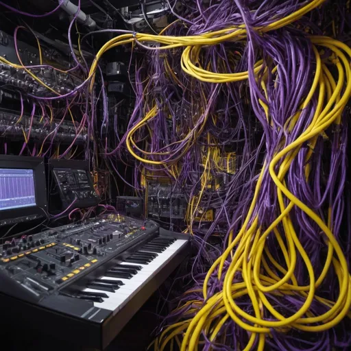 Prompt: SYNTH ULTRA TECNOLOGIC WITH PURPLE WITCH MISTERY CREEPY, ULTRA TECNOLOGIC SYNTH WITH ENORMOUS QUANTITY OF YELLOW CABLES, CABLE TRASPARENT WITH FLUID FLUO