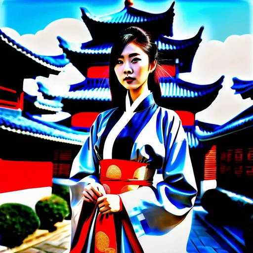 Prompt: An Asian woman wearing an ascot necktie 👔 with a robe, Hanfu, the person is wearing a mix of a business suit and East Asian attire, the person is wearing a fancy sun hat, the person is surrounded by domed buildings with Chinese roofs, landscape, realistic, photograph