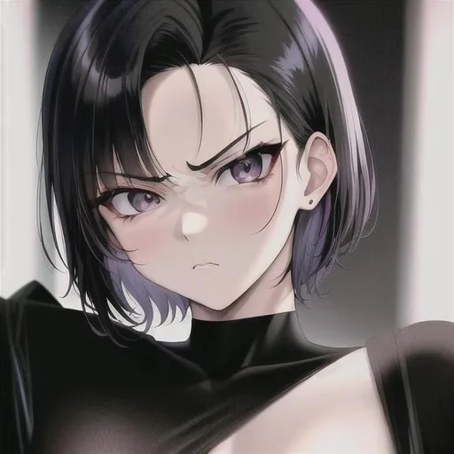 Prompt:  90s anime style, detailed, intricate face, portrait, detailed eyes, gentle tones, light shading, 90s tones, 90s era, Japanese theme, {{death stare}}, 1 boy, boy with feminine feature's, perfect body, black hair, black eyes, black clothes, black background 