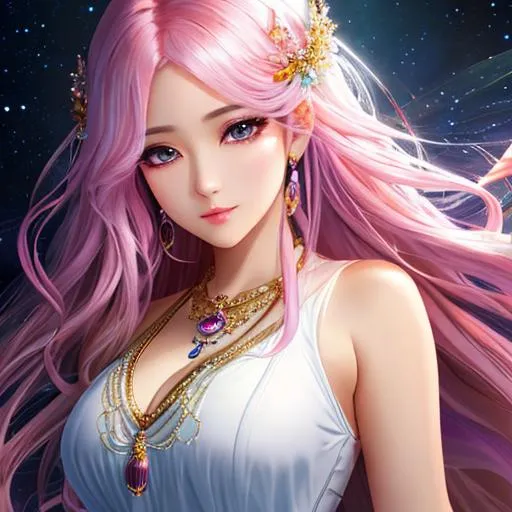 Prompt: oil painting, , UHD, 8K, Very Detailed, detailed face, full body character visible, jung goddess character with ethereal fantastical light skin & colourful hair, she has visible eyes, sleeveless short white dress, white thighhighs with corean lips and
 eyes

