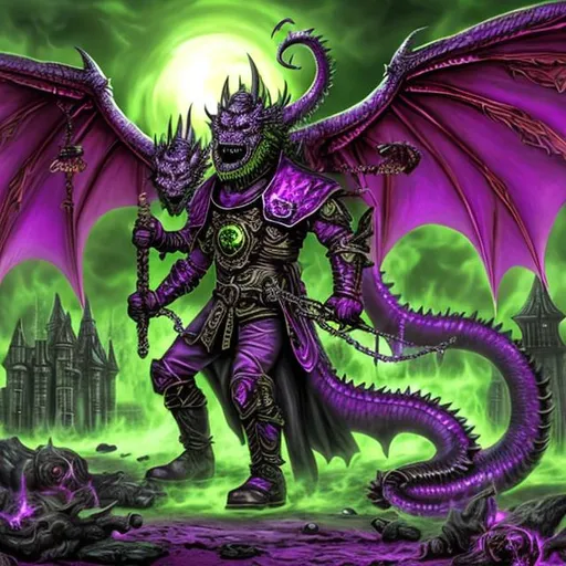 Prompt: dark lord of the dragons defeated, exploding in green and purple juice mist, in a steampunk alchemy laboratory