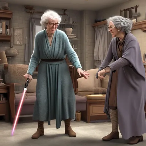 Prompt: A spinster grandma who is a jedi spinstering