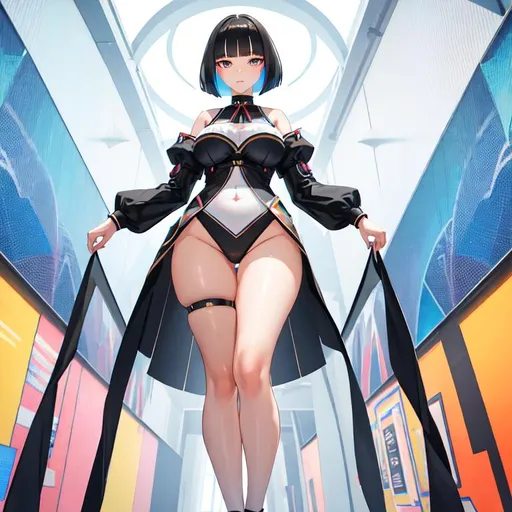 Prompt: a lonely AI girl, very tall, thick thighs, wide hips, long legs, slender waist, big symmetrical eyes, aloof expression, bob haircut with bangs, colorful German Oktoberfest art style, 12K resolution, hyper quality, hyper-detailed, depth of field