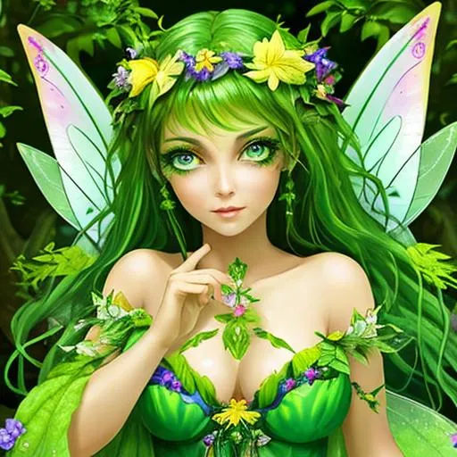 Prompt: Fairy goddess of summer, vivid colors,large green eyes, closeup