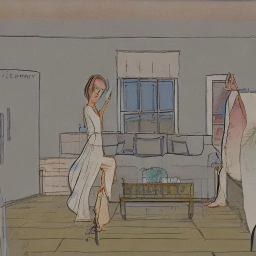 Prompt: Storyboard drawing.
Apartment interior. Depressed.
Main character is standing in the middle.