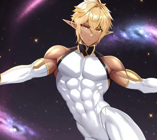 Prompt: Strong ripped male Elf with golden eyes , black skin,in white thought bodysuit in front of the galaxy 