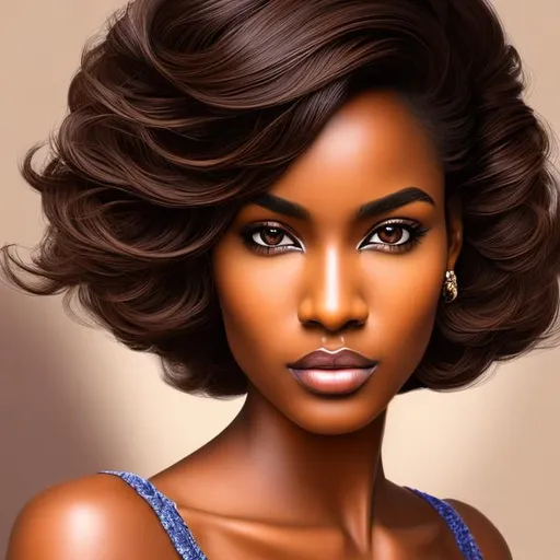 Prompt: portrait, long shot super detailed  illustration, brown skin lady, black hair, beautiful face, dark aesthetic, realistic face, large realistic eyes, smooth soft skin, soft lighting, perfect ratio, symmetrical face, intricate artwork, highly detailed, perfect composition, sharp focus, Wider faced, broad nose, African American, mahogany skin, shoulder length curled gold/blonde hair with white shimmer, Hair in regal updo, green eyes, small doe eyes, upward turned almond eyes, pitying expression, smiling, manga style, wide two toned lips, darker upper lip, overweight, fat, pear shaped body, wide hips, small chest, small feet, darker complexion, arms out towards camera palm up, arms  beckoning, long flowing dress, white, gold, and red dress, low v sweetheart neckline, strapless, full body, by choo hye yep, Mangle, POYO, 