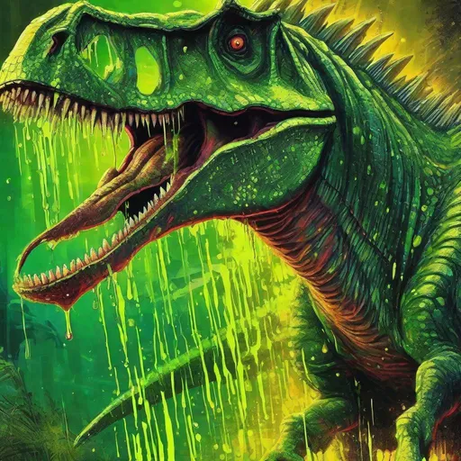 Prompt: Spinosaurus, neon yellow and green, dripping with venom, spraying deadly poison, Poison Spray, masterpiece, best quality, in fantastic art style