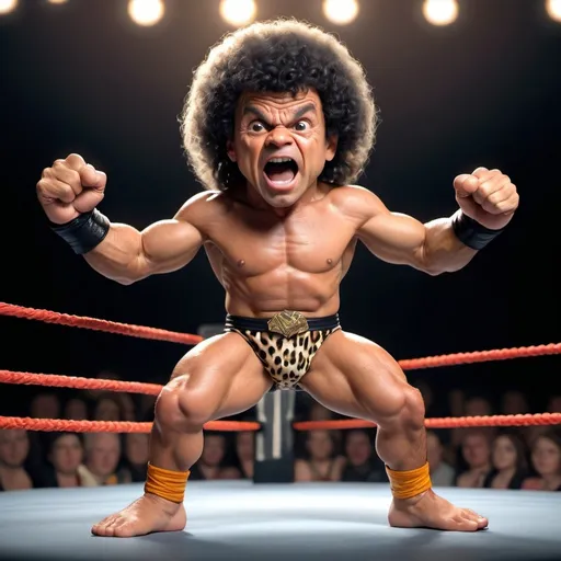 Prompt: A little person, Looney Toons style, photo, photorealistic, WWE Jimmy Superfly Snuka, detailed facial features, big afro hairstyle, leopard print wrestling singlet, flying  through the air, arms flailing, wrestling ring setting, audience, comical expressions, exaggerated features, detailed surroundings, high quality, humorous, funny, vibrant colors, dynamic lighting, theatrical lighting, high quality, detailed, professional, animated shading, cartoon realism, detailed expression,