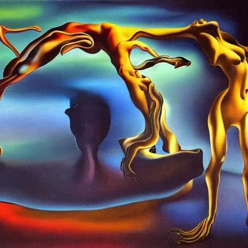 Prompt: Many Dancers emerging out of primordial soup, surreal medium,Dali-inspired, fluid movements, dreamlike, imaginative, abstract, detailed figures, surreal colors, intense lighting, oil painting, surrealism, dreamy, flowing forms, high quality, surreal, intense shadows, vibrant colors, artistic, dynamic