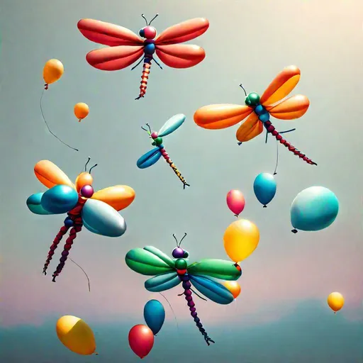 Prompt: Dragonflies made out of balloons fight in mid air