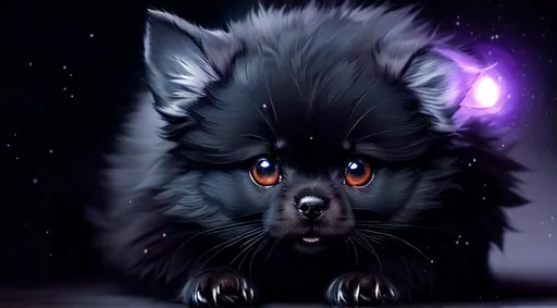 Prompt: Cute, black, fluffy, fantasy dark puppy, with dark, black eyes, very, dark fur, and possessing the element of darkness and making circles of dark magic move around in the air in a magical way. Perfect features, extremely detailed, realistic. Krenz Cushart + loish +gaston bussiere +craig mullins, j. c. leyendecker +Artgerm.