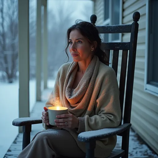 Prompt: Subject:
A serene and ethereal 60-year-old Spanish woman with hazel eyes and olive skin, marked by an adventurous life.

Scene:
She is seated on a frosty wooden rocking chair on the porch of a modest trailer home, surrounded by a stark winter landscape. Snow blankets the ground, and frosty air is visible in the background.

Details:
	•	Clothing: A light, loosely draped shawl covers her shoulders.
	•	Expression and Gaze: She gazes contemplatively into the distance, not at the camera, exuding a sense of introspection and calm.
	•	Action: She holds a steaming mug of magical tea in her hands, emitting a faint glow of warmth.
	•	Lighting: The glowing tea softly illuminates her face and hands, contrasting with the cold, bluish tones of the winter setting.

Camera Perspective:
The camera is positioned at a low angle, slightly off-center, enhancing the sense of depth and making her appear grounded and deeply connected to her environment.

Atmosphere:
The scene captures the juxtaposition of bitter cold (frost on the porch, icy air) and comforting warmth (steaming, glowing tea). The mood is introspective yet resilient, emphasizing her quiet strength and connection to the rugged outdoors.

Focus:
Highlight the contrast between the warm and cold elements, paying special attention to the texture of her skin and the intricate details of her surroundings.