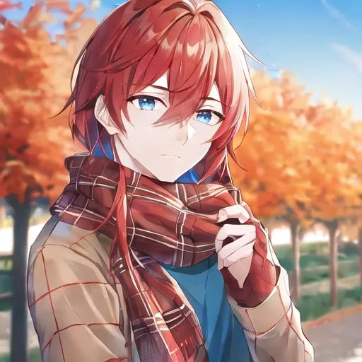 Prompt: Zerif 1male (Red side-swept hair covering his right eye, blue eyes), highly detailed face, wearing a cozy flannel shirt and a pair of stylish jeans. In the park, fall.  wearing a scarf, looking up at the sky, in a pumpkin patch, adult. Handsome,  detailed, UHD, HD, 4K, highly detailed, red haze, masculine, anime style