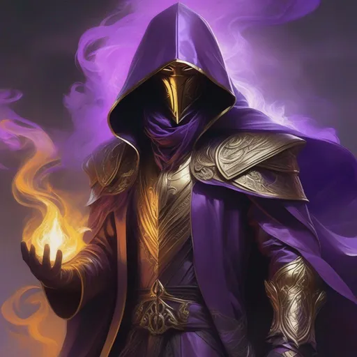 Prompt: high-quality high-detail highly-detailed breathtaking Villen ((by Aleksi Briclot and Stanley Artgerm Lau)) - ((a warlock)), hooded purple detailed warlock rich golden ornate robes casting smoke in hands, flying, smoke in feets, glowing, highly detailed vintage brass jester mask, add some purple smoke in his hands, glowing chest emblem , smooth detailed shoulder plates, detailed ivory, full body, fantasy robes,, wearing mime mask, 8k,  full form, detailed library setting, full form, epic, 8k HD, ice, sharp focus, ultra realistic clarity. Hyper realistic, realistic, close to perfection, high quality cell shaded illustration, ((full body)), dynamic pose, perfect anatomy, centered, freedom, soul, approach to perfection, cell shading, 8k , cinematic dramatic atmosphere, watercolor painting, global illumination, detailed and intricate environment, artstation, concept art, fluid and sharp focus, volumetric lighting, cinematic lighting.