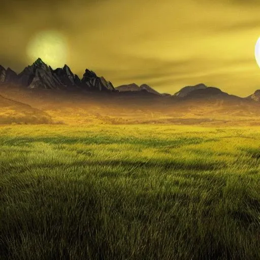 Prompt: Green open Grassy fields with large mountains in the distance, nighttime atmospheric setting, full moon glowing in the night sky, landscape HD wallpaper, tdraw emandi , Fantasy Surreal beauty. Intricately detailed, hyper realistic, extremely photorealistic. Golden ratio. Dramatic, volumetric, cinematic, midnight lighting. Far, long shot sharp focus, wide angle landscape pov. Contrasting, dramatic, vibrant colors. HDR, UHD 16K. Maximalist, award-winning photo. Unreal engine render. Unsplash, artstation and National Geographic trend.