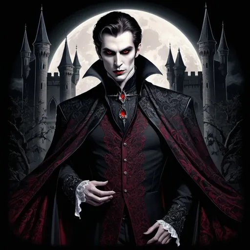 Prompt: (Vampire Prince design for a shirt), vintage style, gothic aesthetic, muted colors, deep reds and blacks, dramatic shadows, elegant and sinister, flowing cloak with intricate patterns, detailed fangs and eyes, regal attire, ethereal background with ancient castle and moonlight, mysterious and enchanting atmosphere, ultra-detailed, 4K, high quality, shirt design.