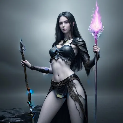 Prompt: splash art, hyper detailed, hyper realistic, highly detailed, dark, surreal heavy mist, at the edge of the world, 
create an image of a with a beautiful, young adult fantasy female Sorceress, long legs, vibrant sumptuous, perfect body, ultra pale, visible midriff,

wielding a magical staff, casting ultra detailed magic fire balls, 

wearing ultimate Fantasy titanium chest armor, heavy iron collar, 

Perfect studio lighting, perfect shading. HDR, UHD, high res, 64k, cinematic lighting, special effects, hd octane render, professional photograph, trending on artstation, 