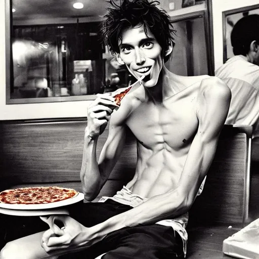 Prompt: A man who is skinny and eating pizza and has been here since 8685.