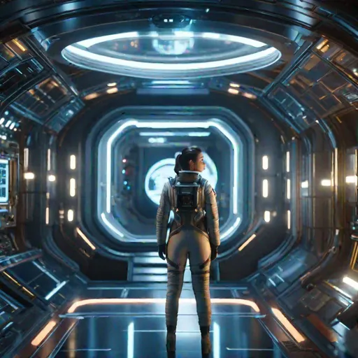 Prompt: cinematic views of a lady on a space station, professional, UHD, HD, highly detailed, hyperrealistic