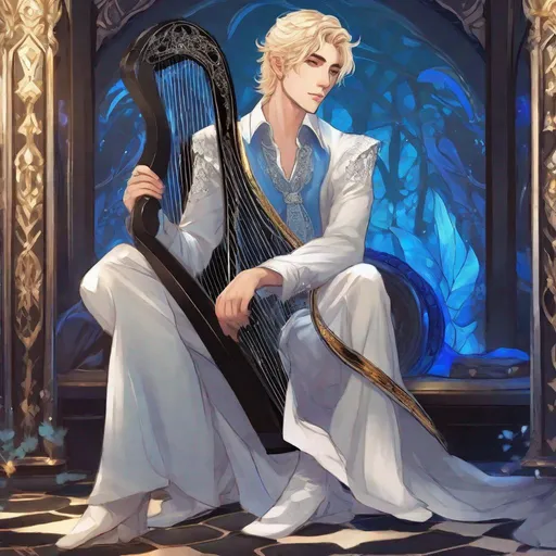 Prompt: A beautiful elf young man. He has strait short blonde hairs. He is sitting playing a black harp. He wears white and blue elegant but ordinary clothes. Changeling the dreaming art. Rpg art. 2d art
2d