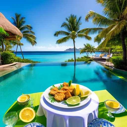 Prompt: "Generate an image of a scene at a tropical beach resort, with the table meticulously decorated to emphasize its intricate details. Place a glass of exceptionally refreshing and sparkling lime juice with a vivid green color, made from bright green Tahiti lemons with ice cubes. Set the plate of beautifully presented breaded shrimp separately. However, give the utmost attention to the magnificent serving platter, prominently featuring a meticulously crafted Valencian paella as the centerpiece of the scene. The paella should be exquisitely prepared, with vibrant colors and an inviting presentation. Ensure that the entire scene exudes an atmosphere of a beachside summer vacation, with the paella as the star of the show, all meticulously presented and beautifully arranged."" ultra hd, realistic, vivid colors, highly detailed, UHD drawing, pen and ink, perfect composition, beautiful detailed intricate insanely detailed octane render trending on artstation, 8k artistic photography, photorealistic concept art, soft natural volumetric cinematic perfect light"

