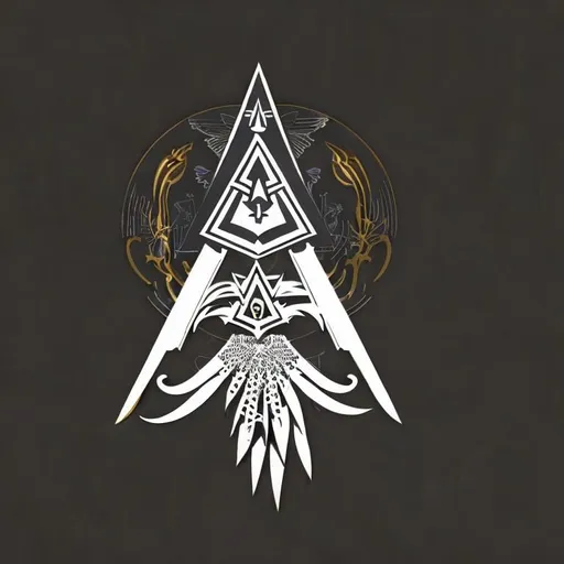 Prompt: art deco, Logo inspired by Freemasonry, with phoenix and ornaments styled as knives, include complex ornaments, Tail behind the symbol, Style: sci-fi with monochrome and gold