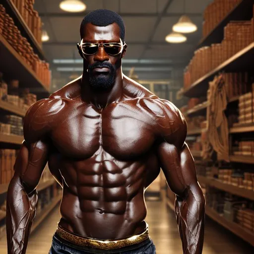 Prompt: Tall strong muscular African man, large cheekbones, large chin, stubbles, muscular neck, wide huge muscular chest, huge arms, huge deltoids, golden necklace, six-pack abs, muscular thighs, long fur coat, black hat, sunglasses, in a gun shop, high resolution, realistic, full body, very low angle.