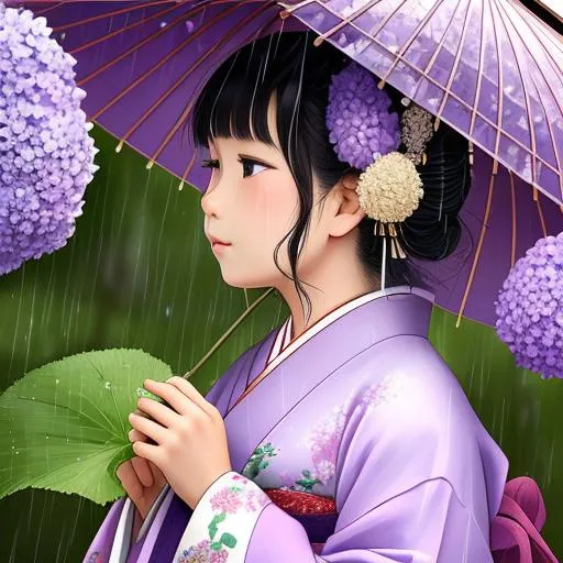 Prompt: {{{Illustration}}},  {{{best quality}}}, {{ultra-detailed}},  {{an extremely delicate and beautiful}},   Rainy season in Japan.   In the pouring rain, a girl sniffs the fragrance of purple hydrangeas  flowers  with an enraptured look on her face. She is dressed in traditional Japanese attire.  Upper body.
