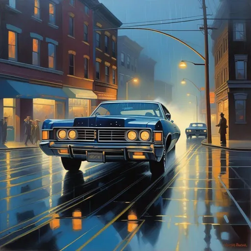 Prompt: 1970s Pittsburgh, car chase, rain, fog, dark blue atmosphere, cartoony style, extremely detailed painting by Greg Rutkowski and by Henry Justice Ford and by Steve Henderson