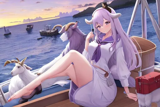 Prompt: goat girl with goat on a boat at sea purple