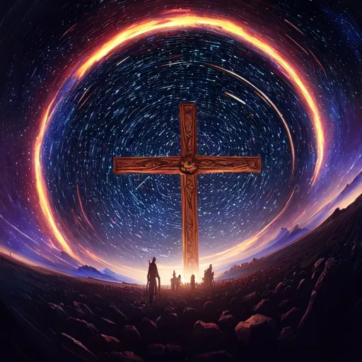 Prompt: An epic fantastic realism comic book style painting of the most beautiful spinning CROSSES , launched across the dark and starry night sky,  fisheye, unreal 5, DAZ, hyperrealistic, octane render, dynamic lighting