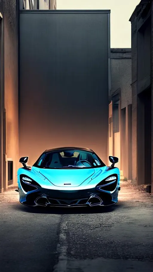 Prompt: McLaren 720s in light blue, in a dark forgotten trash filled alley way, no light coming in, with trash flying around, in the crack of dawn