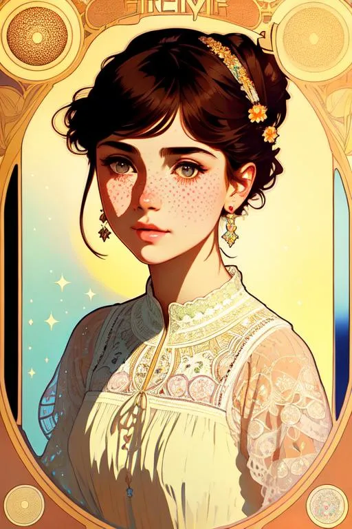 Prompt: Upper body portrait of Cute girl with freckles, high bun, sundress, intricate, detailed face. by Ilya Kuvshinov and Alphonse Mucha. Dreamy, sparkles