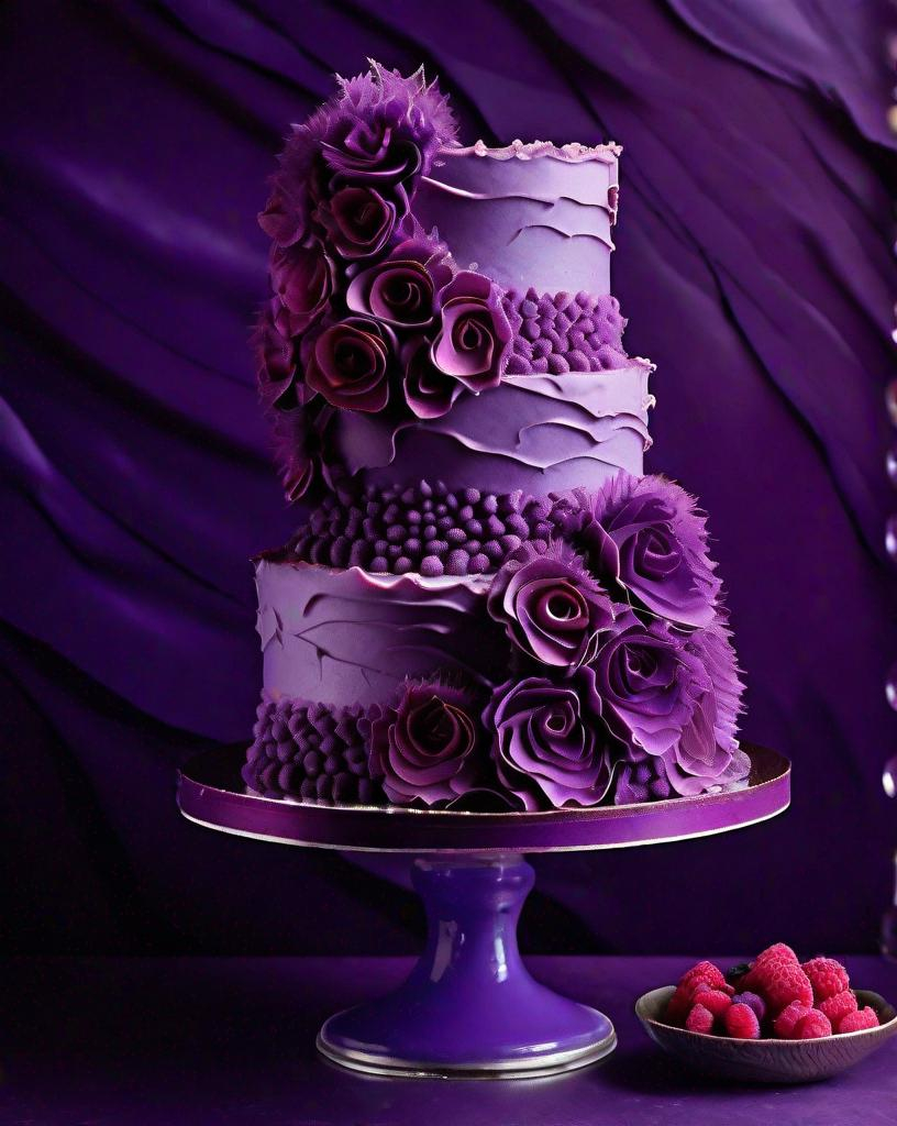 A towering, three-tiered cake frosted in rich purple...