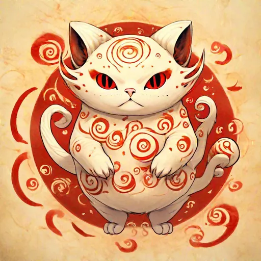 Prompt: Bipedal creature resembling a round cat, cream fur, red cheek swirl tattoos, white small horns, floating, fire swirls surrounding, masterpiece, best quality, in inuyahsa style