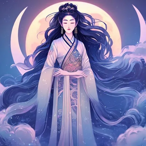 Prompt: A beautiful and ethereal moon goddess with long hair depicted In traditional Chinese attire standing in the flowing wind behind the full moon in the artstyle of digital art and anime