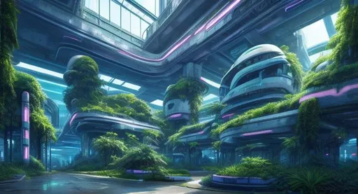 Prompt: Futuristic City Lush Green Overgrown Plants Light Blue Sky High Resolution