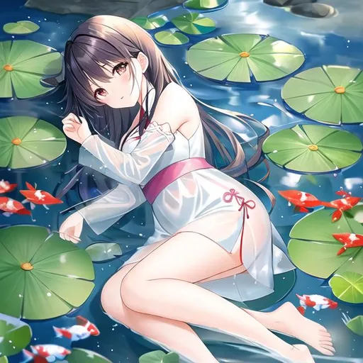 Prompt: young chinese woman lying on her back in a pond with water rushing onto her, anime style, light colored (hanfu dress), (light pink), (lily pads), clear water, koi fish, mist water, cool lighting, smooth stones, calm, peaceful, carps, beautiful, shallow water, grey pebbles, plants, youthful, (cute), beautiful, mystical