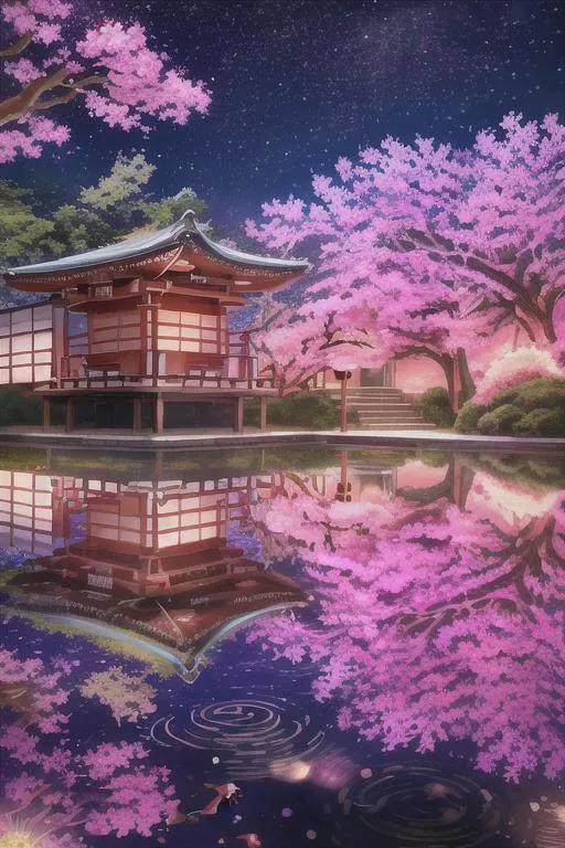 Prompt: A galactic Sakura forest with a galactic koi pond and japanese temple ruins in the background, 64k, highest resolution, vivid colors, highest delay, retrowave aesthetic, highest detail, sunset, highest possible detail, 