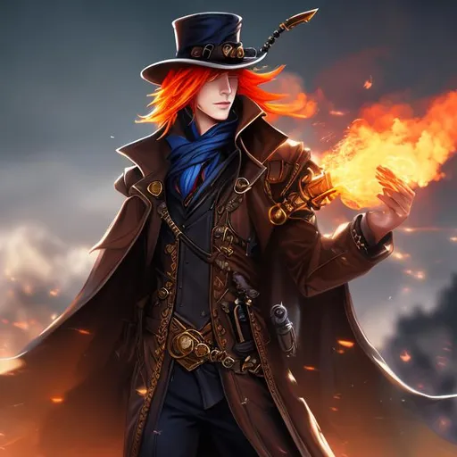 Prompt: Splash art, genasi, trench coat, ginger, flame hair, hat , steampunk, victorian, sci-fi, very detailed character