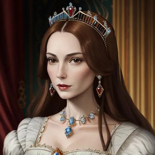 Prompt: Royal queen Katherine Parr, attractive 35 year old, brown hair, wearing a tiara and beautiful jewels, 16th century, facial closeup