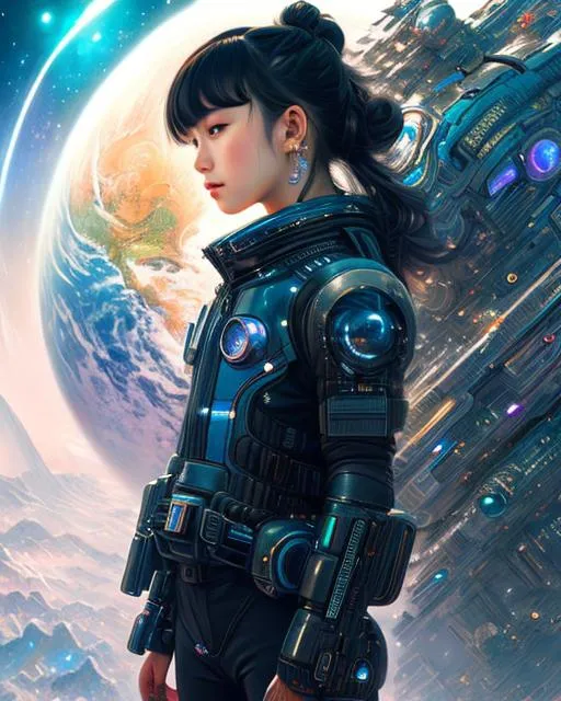 Prompt: a girl wearing a futuristic outfit with space scenery, in the style of [denis sarazhin], neo-traditional japanese, realistic hyper-detailed portraits, [android jones], earthcore, [yuume], symmetrical 