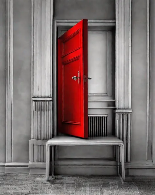 Prompt: Selective color, a black and white photo of a room with a (((red door)))