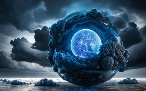 Prompt: Detailed 3D Blue Lightening with Storm clouds inside a sphere, intricate details, hyperdetailed, hyperrealistic,  HD, CG, Wallpaper, Night sky, raining
